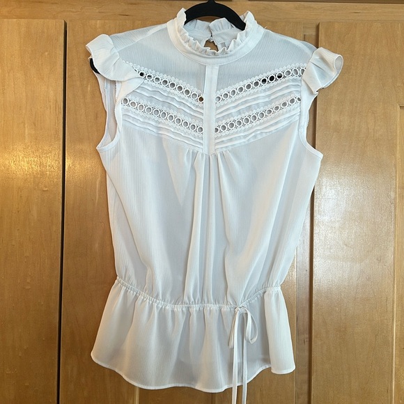 New York & Company Tops - 🍋New York & Company white sleeveless ruffle mock neck cut out ribbon top medium